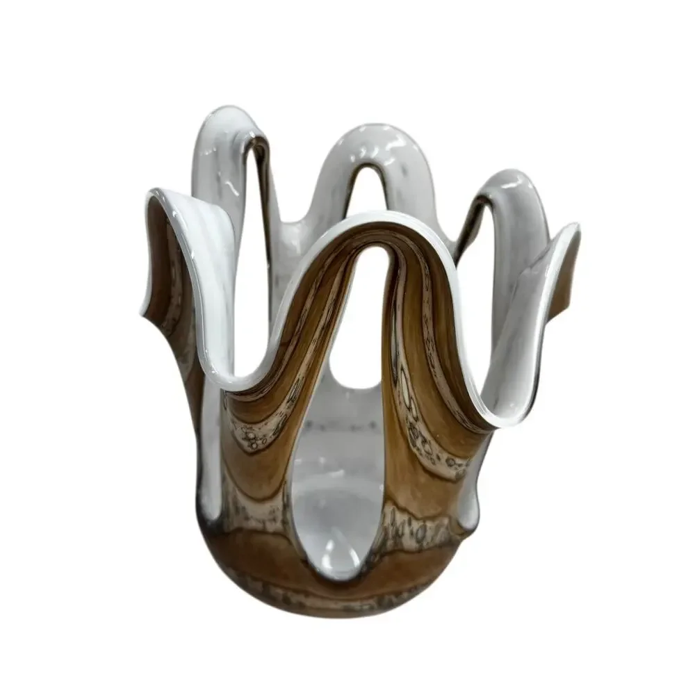 Vintage Zorza Poland Hand Blown Art Glass Handkerchief Vase Brown White Ruffle